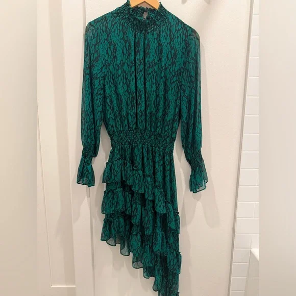 Misa Los Angeles Emerald Ruffled Long Sleeve Dress, L - Picture 2 of 4